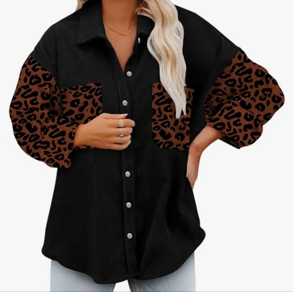 Black Long Sleeve Leopard printed sleeves,Button Down Oversized Top Size Medium